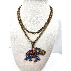 Brass Enamel & Rhinestone Elephant Pendant Necklace